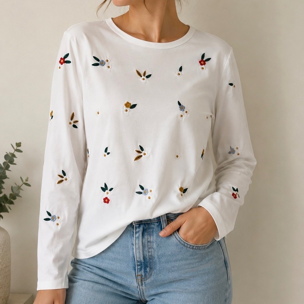White Embroidered Floral Long Sleeve Top Womens L Cottagecore Boho Cute Feminine